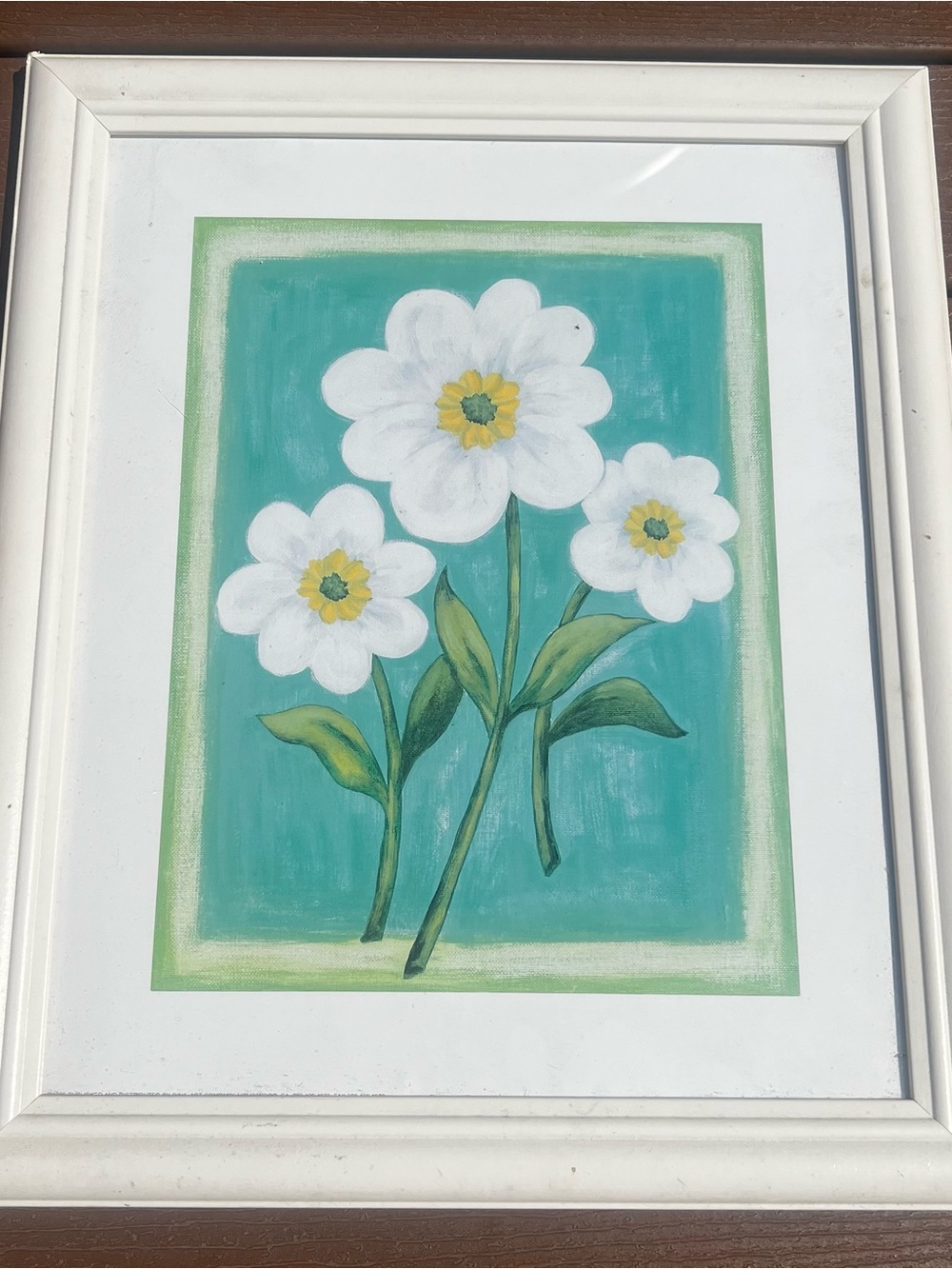 White Floral Art Print on Teal Background by
